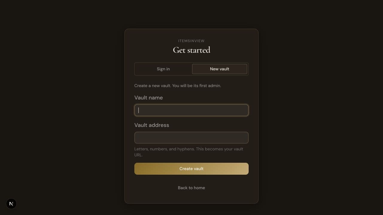 The New vault form, showing the vault name and vault address fields as they appear to an account that is already signed in.