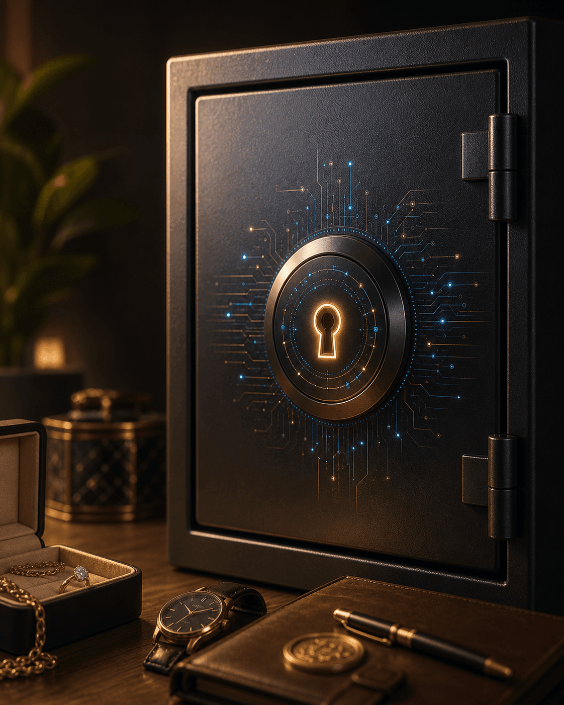 A secure home vault with a glowing lock and subtle digital encryption details.